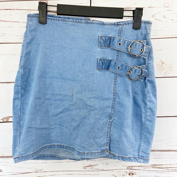 Windsor M Light Blue High Rise Double Buckle Slit Mini Denim Skirt - Picture 4 of 11